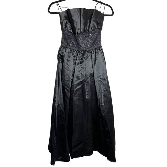 80s Y2K Jessica McClintock Gunne Sax All Black Satin Dress Floral Lace Size 9 - Picture 1 of 3